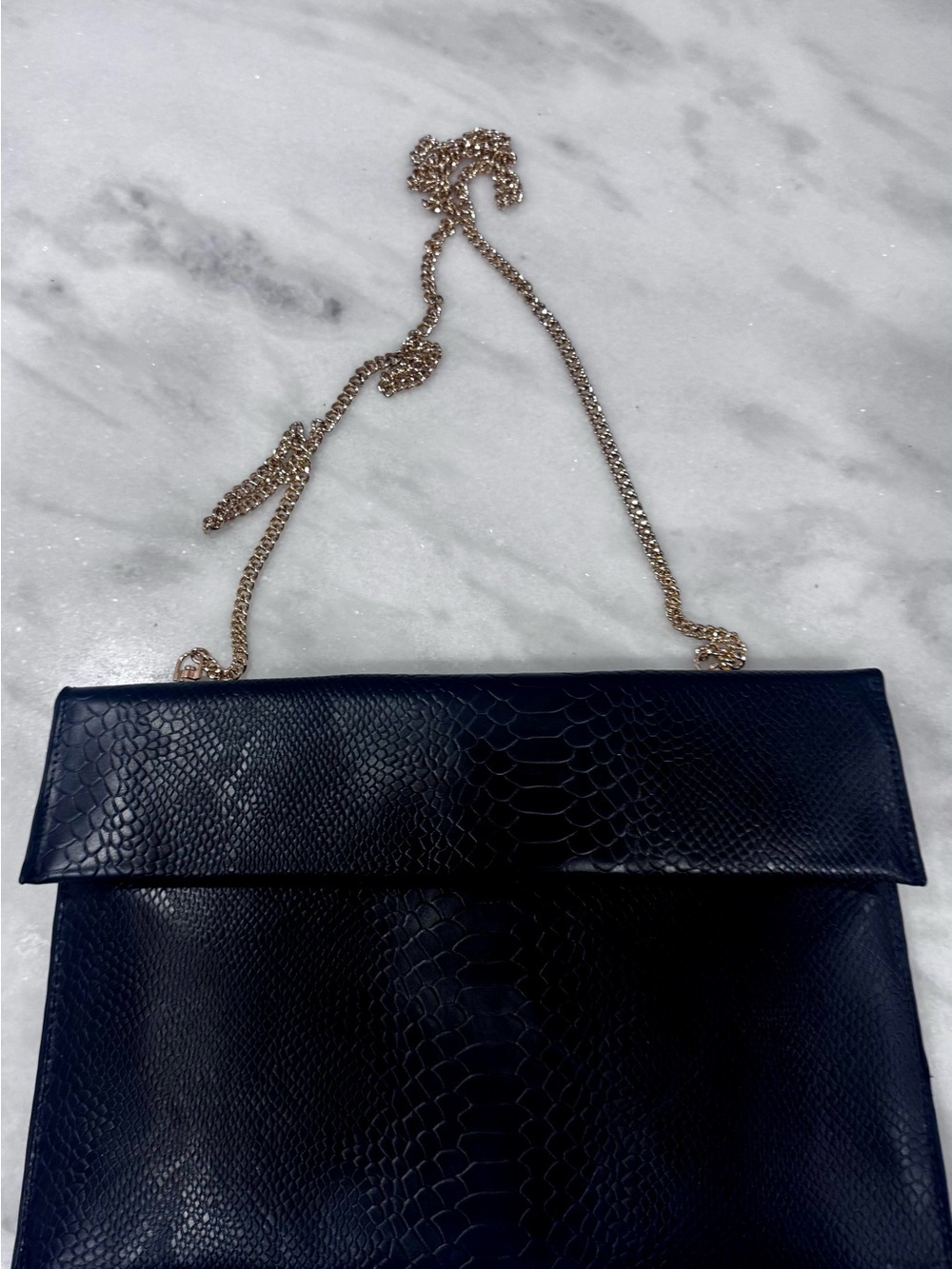 Moda Luxe Black Snakeskin Embossed Clutch Gold Chain Evening Bag